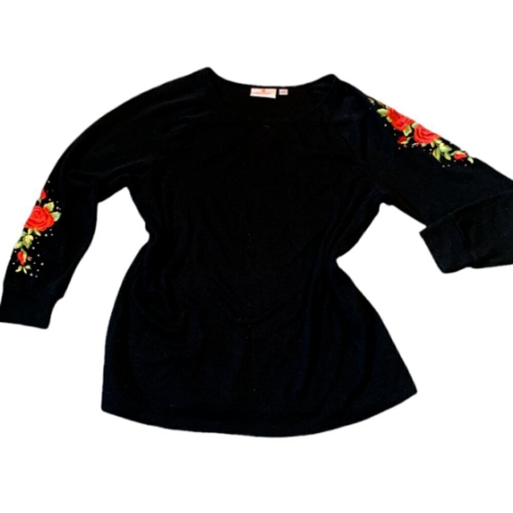 Quacker Factory Top Embroidered Roses  Rhinestones Sz L Black‎ #20A